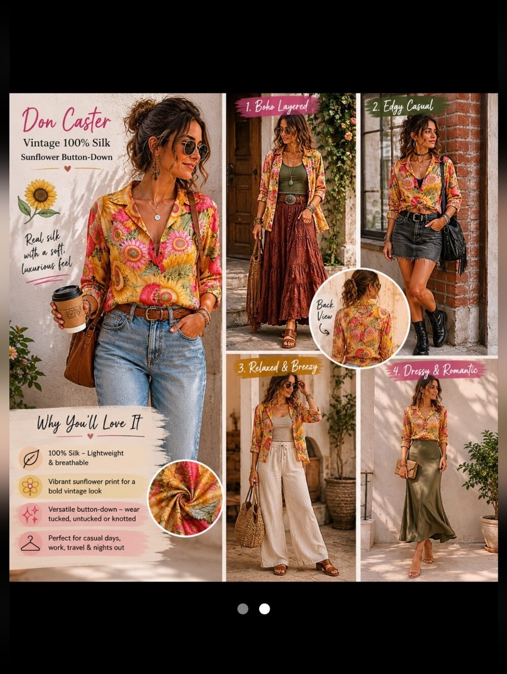 Don Caster ~ Vintage 100% Silk Sunflower Floral Button-Down ~ Top L